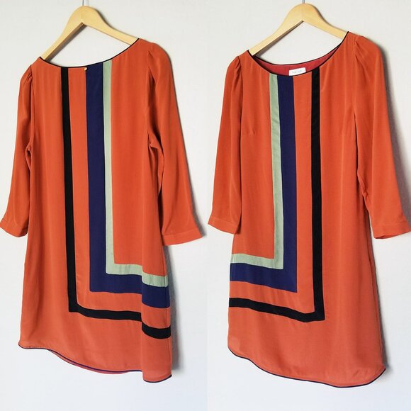 HARLYN Anthropologie 100% Silk Mini Shift Dress Orange Rust Colorblock Geometric - Picture 14 of 15
